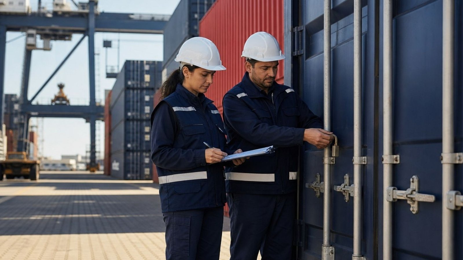 Especialistas realizando una inspección aduanal en una terminal de carga